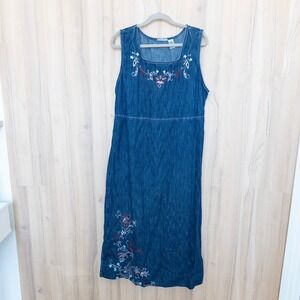 VTG Studio Ease Women Denim Jumper Maxi Dress 16 Floral Embroidered 90s Cottage